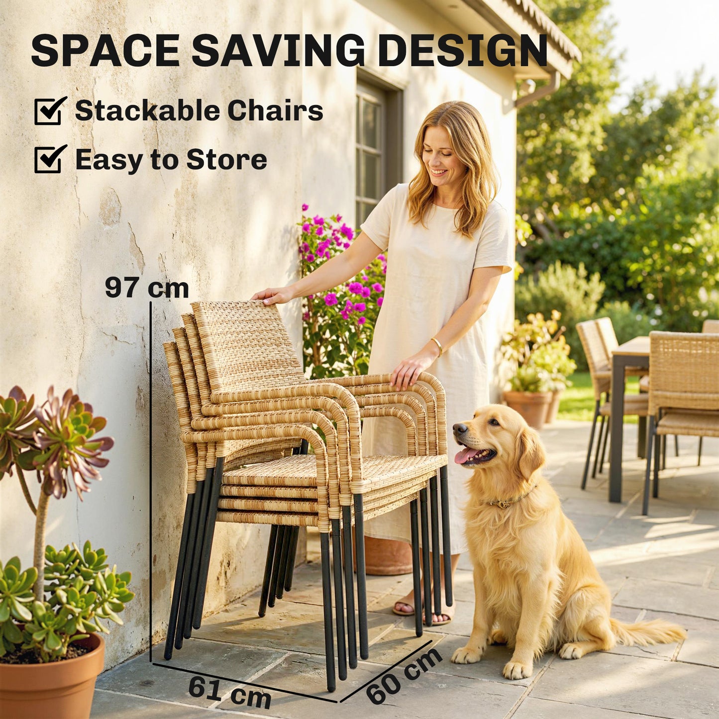 4 Seater Rattan Dining Set with Parasol, 6 Piece Garden Table and Stackable Chairs with Tempered Glass Tabletop