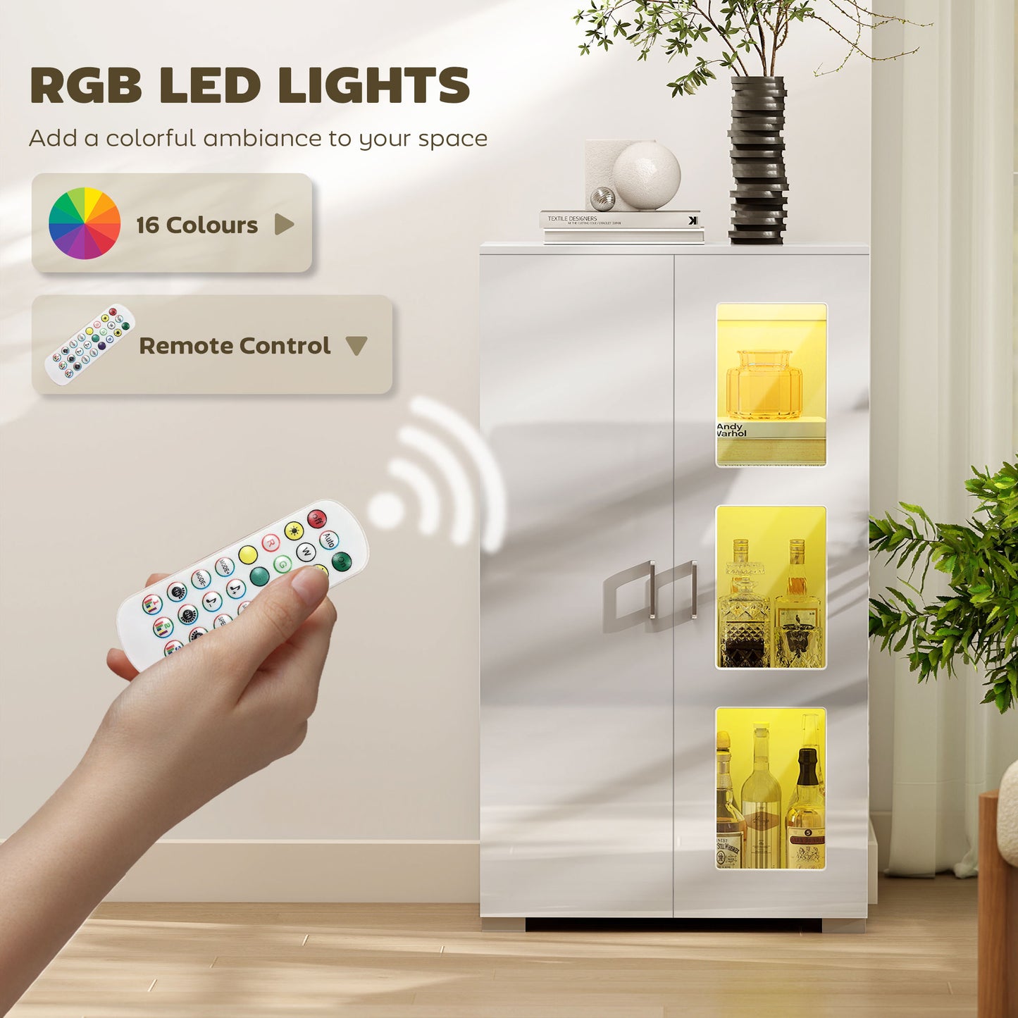 High Gloss Sideboard, Display Cabinet with 16-Colour RGB LED Lights and Remote Control