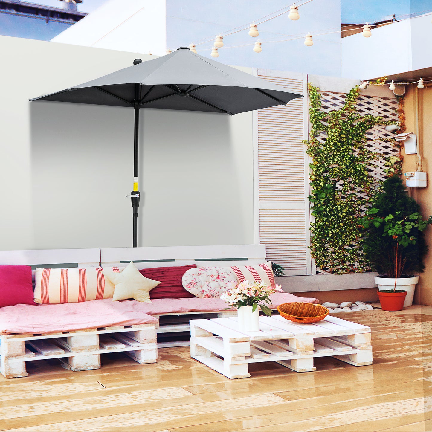 2m Half Parasol Market Umbrella Garden Balcony Parasol with Crank Handle, Base, Double-Sided Canopy, Dark Grey