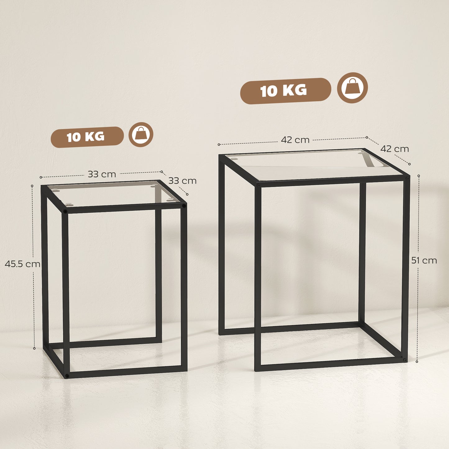 Nesting Tables Set of 2, Side End Table with Tempered Glass Top and Steel Frame for Living Room, Bedroom, Black