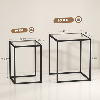 Nesting Tables Set of 2, Side End Table with Tempered Glass Top and Steel Frame for Living Room, Bedroom, Black