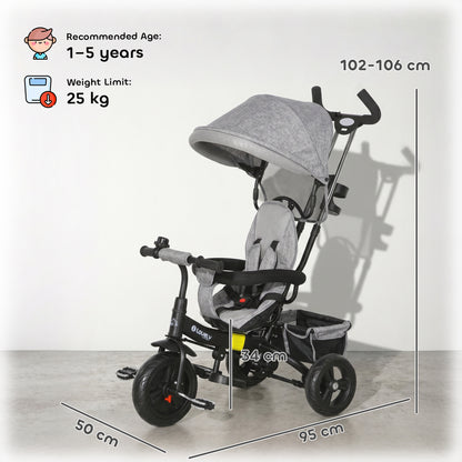 6 in 1 Kids Trike Push Bike w/ Push Handle, Canopy, 5-point Seat Belt, Storage, Footrest, Brake, for 1-5 Years, Grey