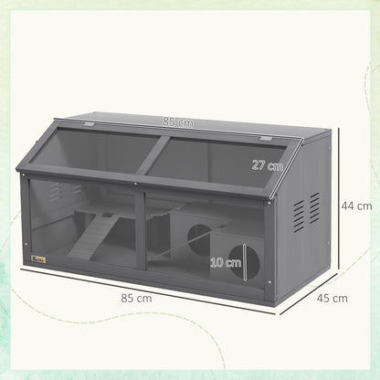 Hamster Cage, Wooden Small Animal Cage for Gerbils, Mice w/ Suspension Bridge, Openable Top, Hut, 85 x 45 x 44cm - Grey