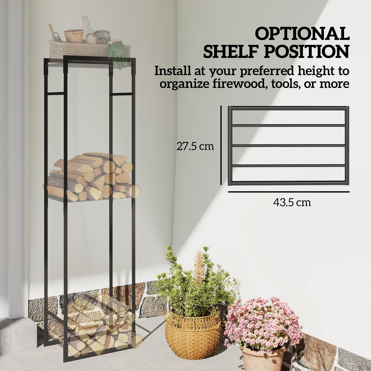 Metal Firewood Log Holder, Heavy Duty Firewood Rack with Adjustable Shelf, Indoor Outdoor Fireplace Wood Storage Shelf