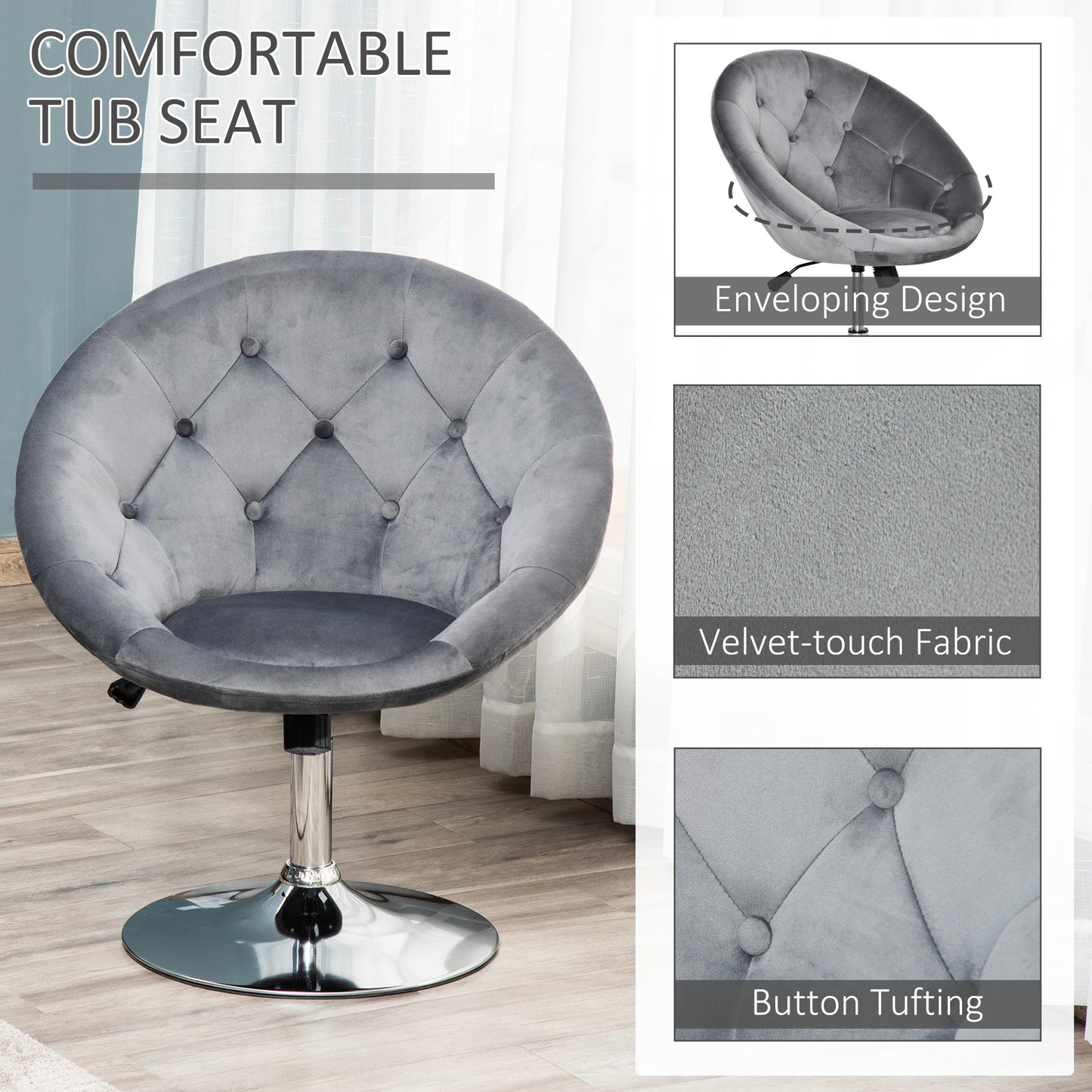 Swivel Dressing Stool, Velvet-feel Upholstered Vanity Chair