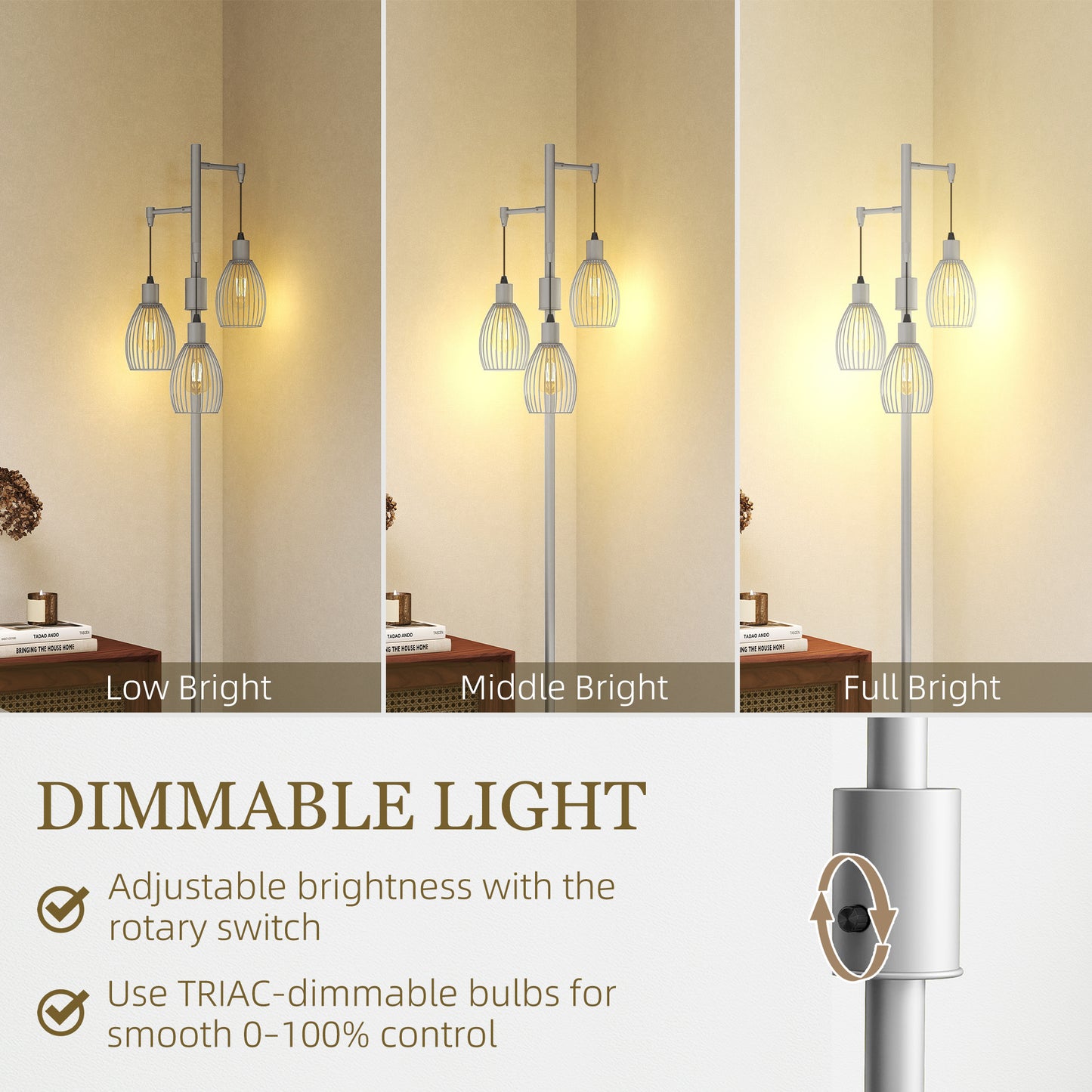 3-Light Floor Lamp, 170cm Industrial Dimmable Standing Lamp with Steel Wire Cage Lampshades for Living Room, Bedroom