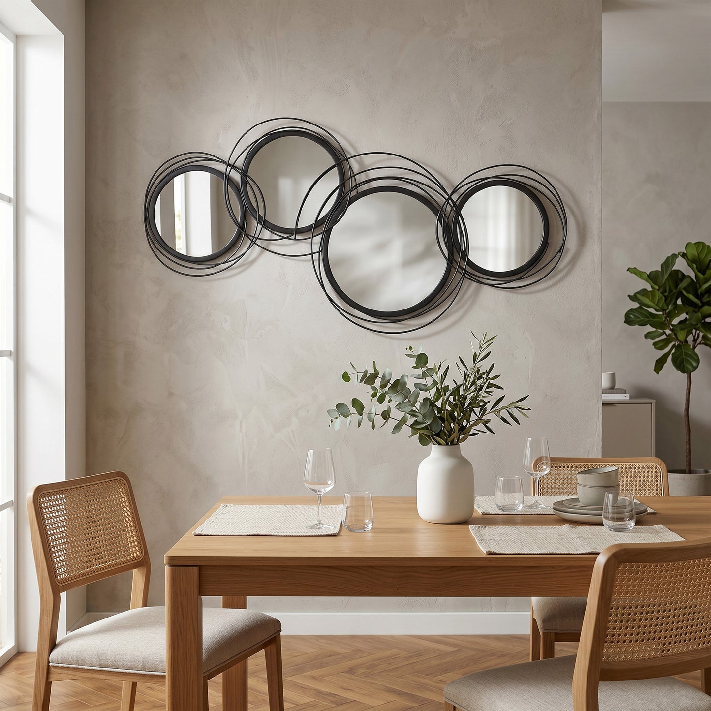 Metal Wall Art 56cm Modern Decorative Mirror Decor for Living Room Bedroom Dining Room, Black