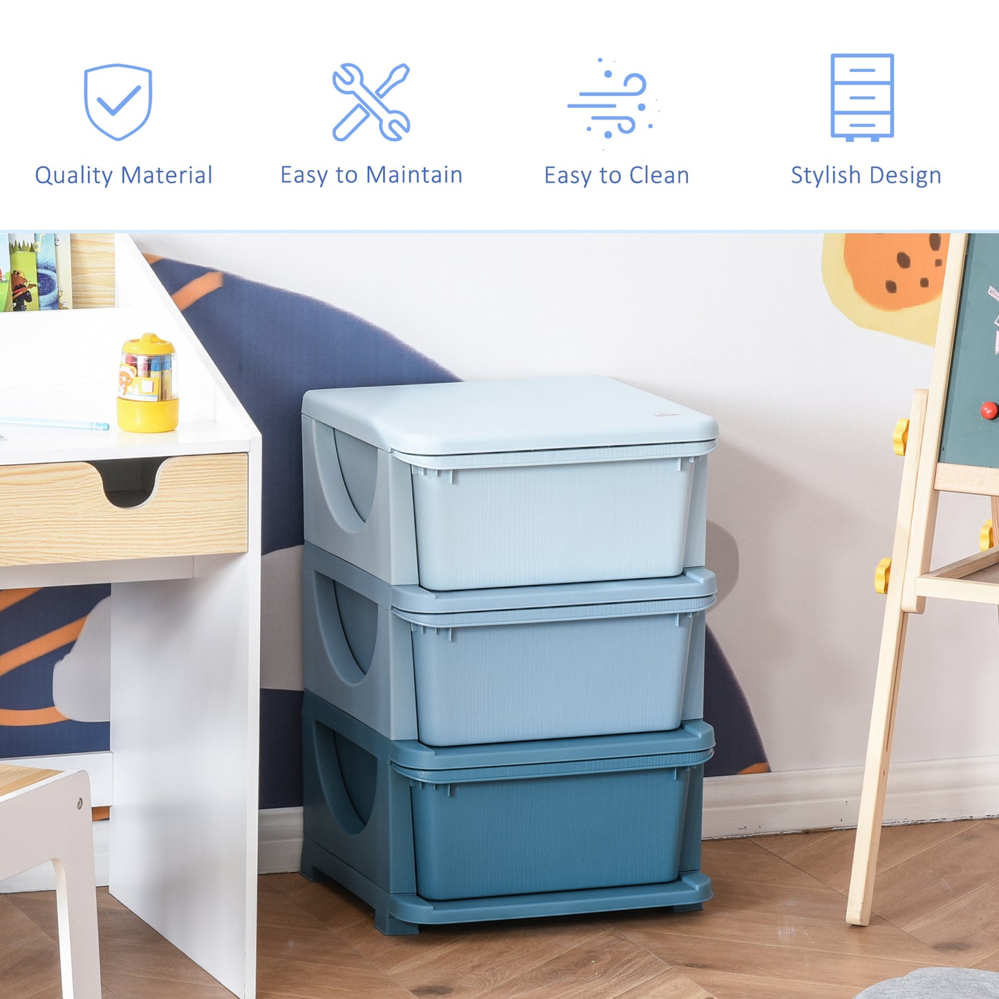 3 Drawers Plastic Kids Storage Units, 3 Tier Children Toy Chest for Nursery, Playroom, Bedroom, Blue