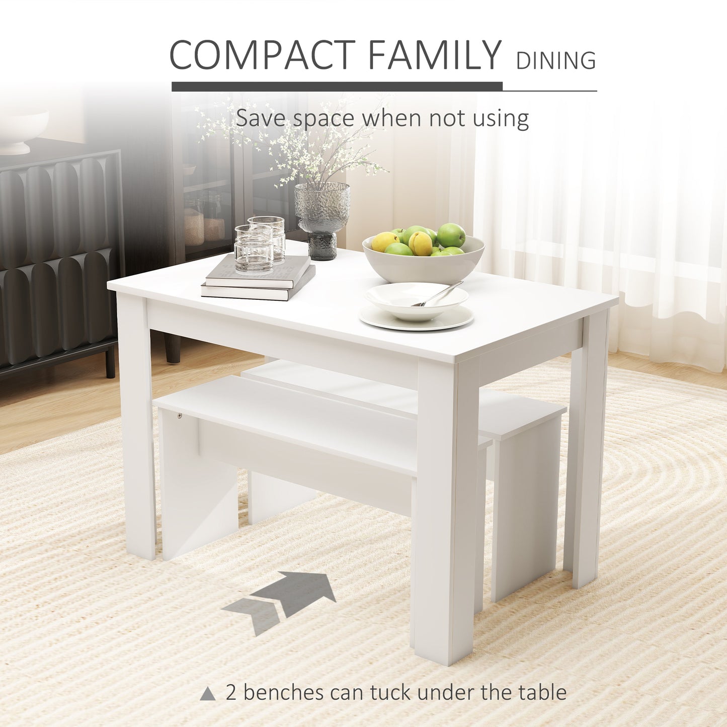 Kitchen Dining Table and 2 Benches Set, Table and Chairs Set for Limited Space, White