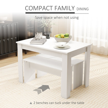 Kitchen Dining Table and 2 Benches Set, Table and Chairs Set for Limited Space, White