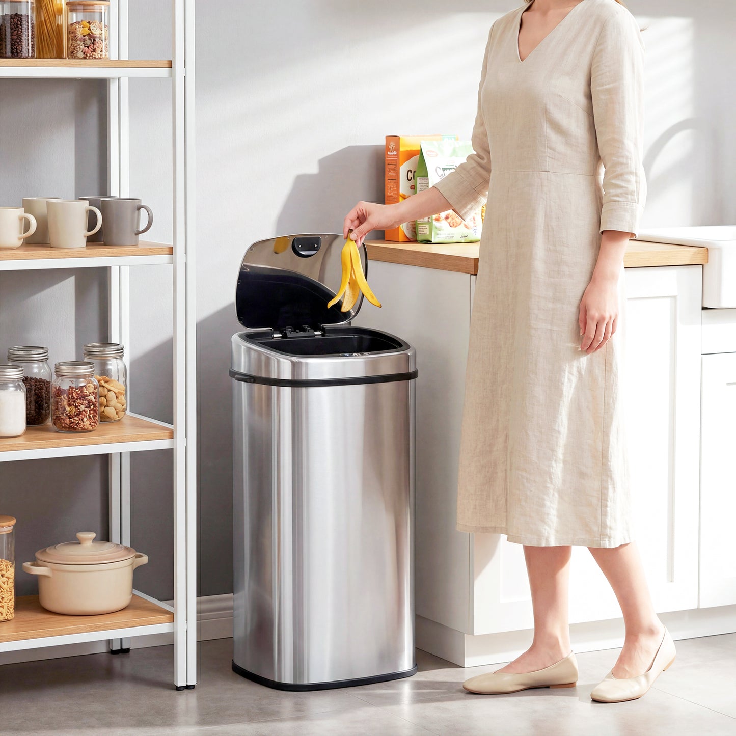 68L Automatic Sensor Bin, Touchless Stainless Steel Kitchen Rubbish Bin, Hands-Free Infrared Waste Dustbin