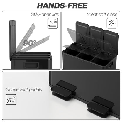 3 x 20L Pedal Bin, Steel Triple Kitchen Bin with Soft Close Lid, Removable Inner Buckets, Fingerprint-Proof, Black