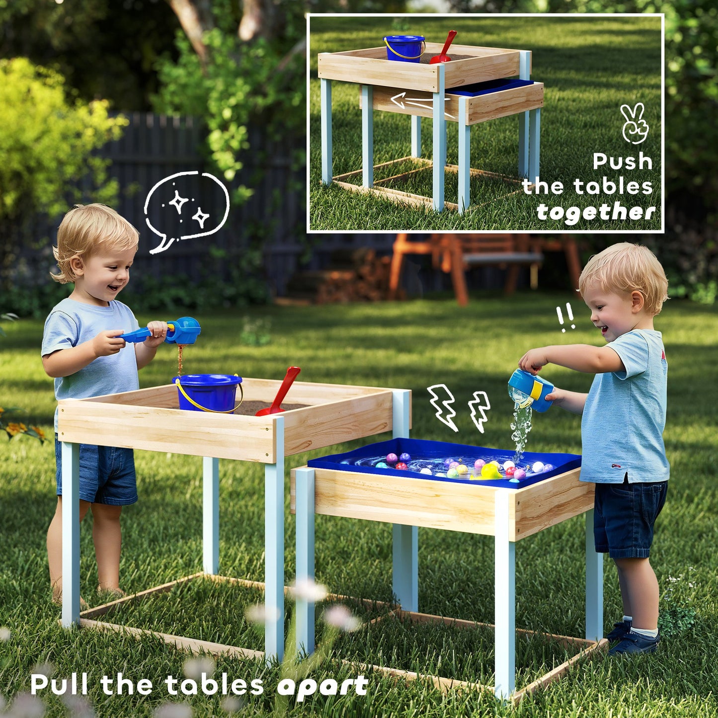 2 PCS Wooden Outdoor Sand and Water Play Tables with Bottom Liner for Kids Aged 3-8 Years Old, Natural Wood Finish