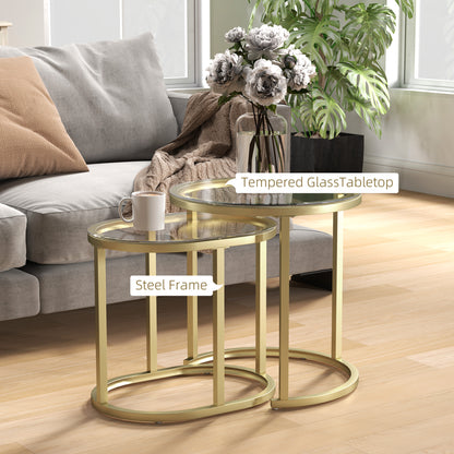 Nest of Tables with Steel Frame and Tempered Glass Tabletop, Modern Coffee Table Set of 2, Clear