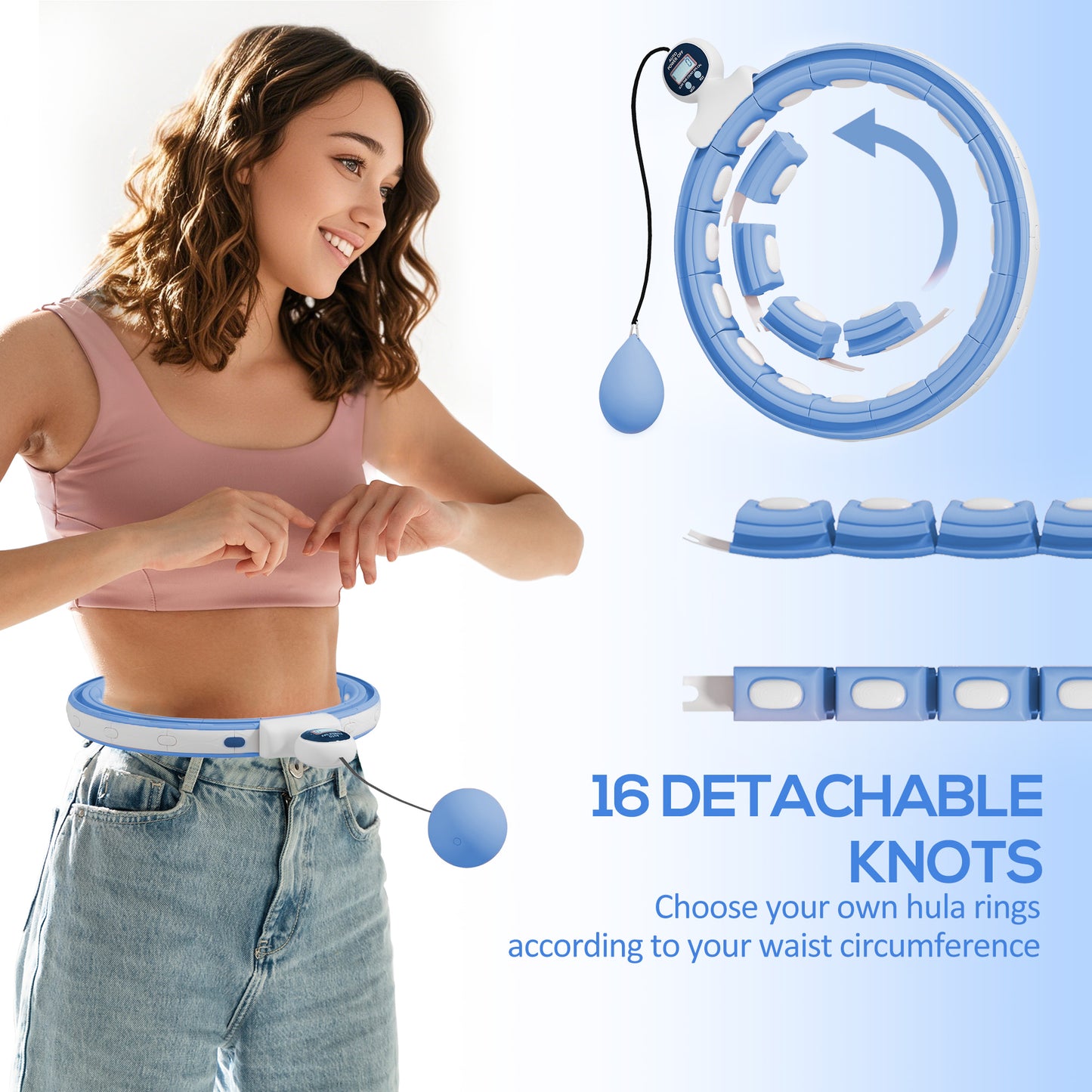 Smart Weighted Hula Hoop, Massage Hula Ring w/ 16 Detachable Knots, 360° Auto-Rotating Ball, Digital Counter Light Blue