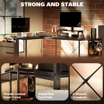 168cm Reversible L Shaped Desk, Industrial Corner Computer Desk with Adjustable Shelf and Storage Bag