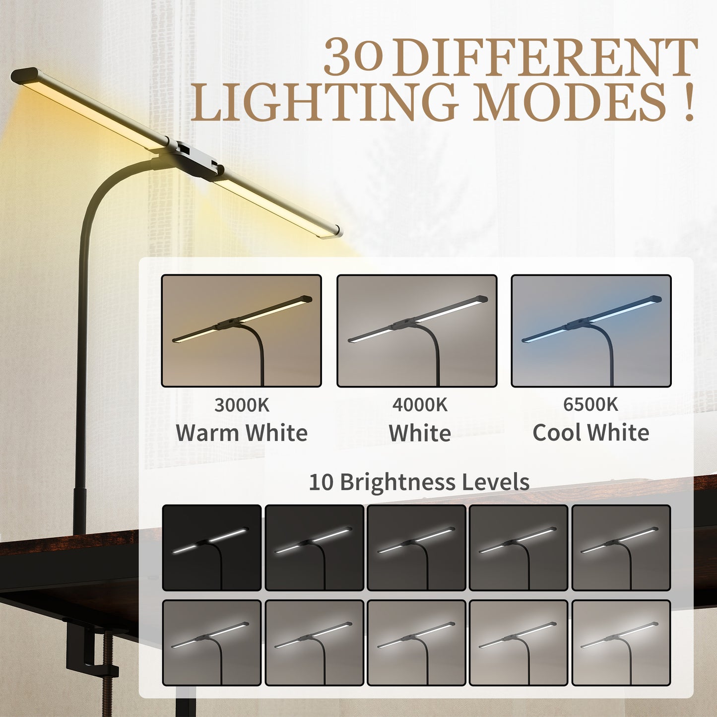 LED Desk Lamp with Clamp, Double Head Table Lamp with 3 Colour Modes & 10 Brightness Levels
