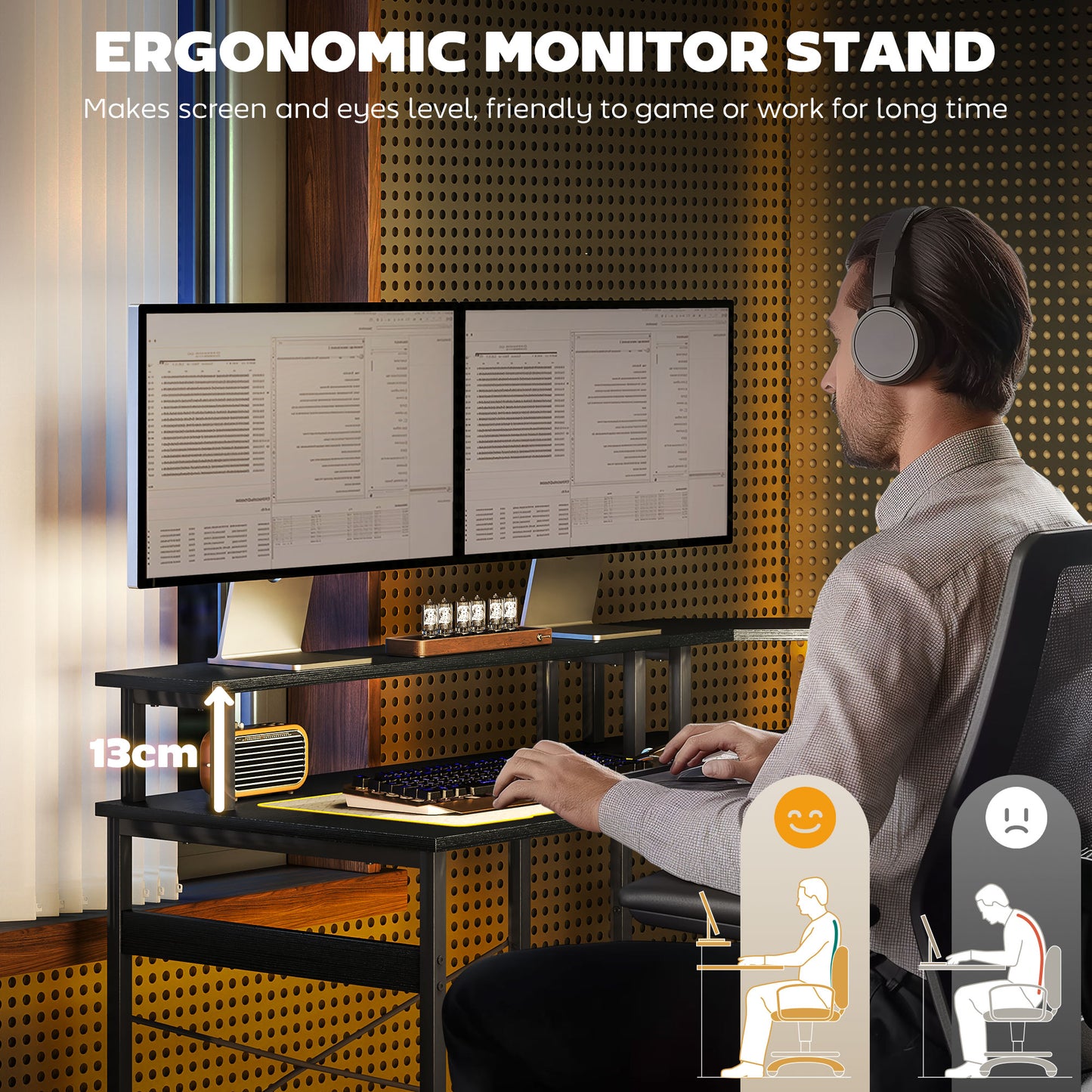 'L' Shaped Work Desk, with LED Lights - Black