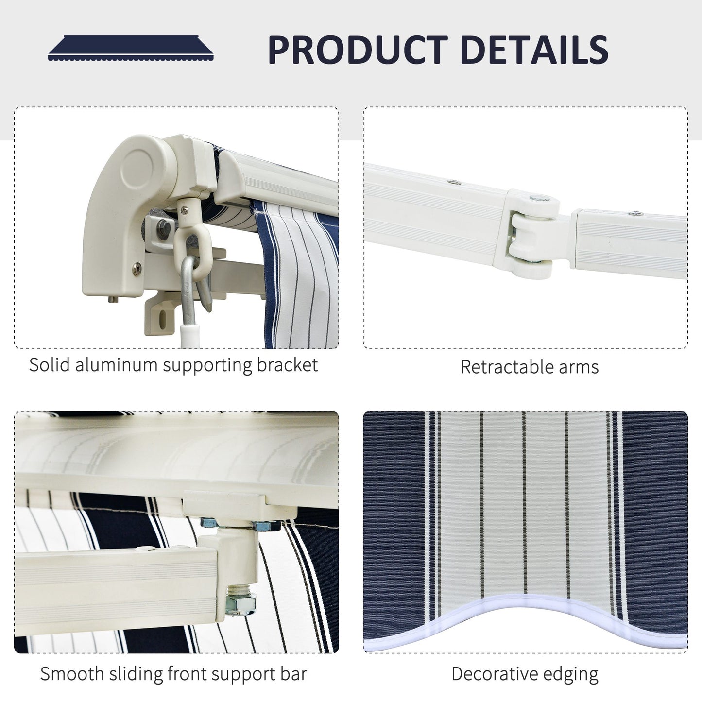 Manual Retractable Awning, 3.5x2.5 m-Dark Blue/White Stripes