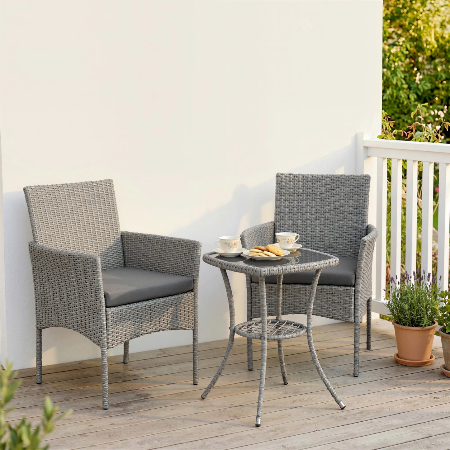 3 Piece Rattan Bistro Set, PE Wicker Garden Furniture Conversation Set with 2 Tier Glass-Top Table, Chairs, Dark Grey