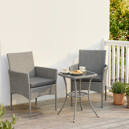 3 Piece Rattan Bistro Set, PE Wicker Garden Furniture Conversation Set with 2 Tier Glass-Top Table, Chairs, Dark Grey