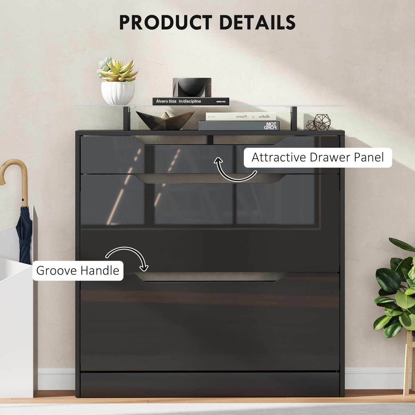 Shoe Storage Cabinet with Slide Out Drawer, 2 Flip Doors, Tempered Glass Top - Black