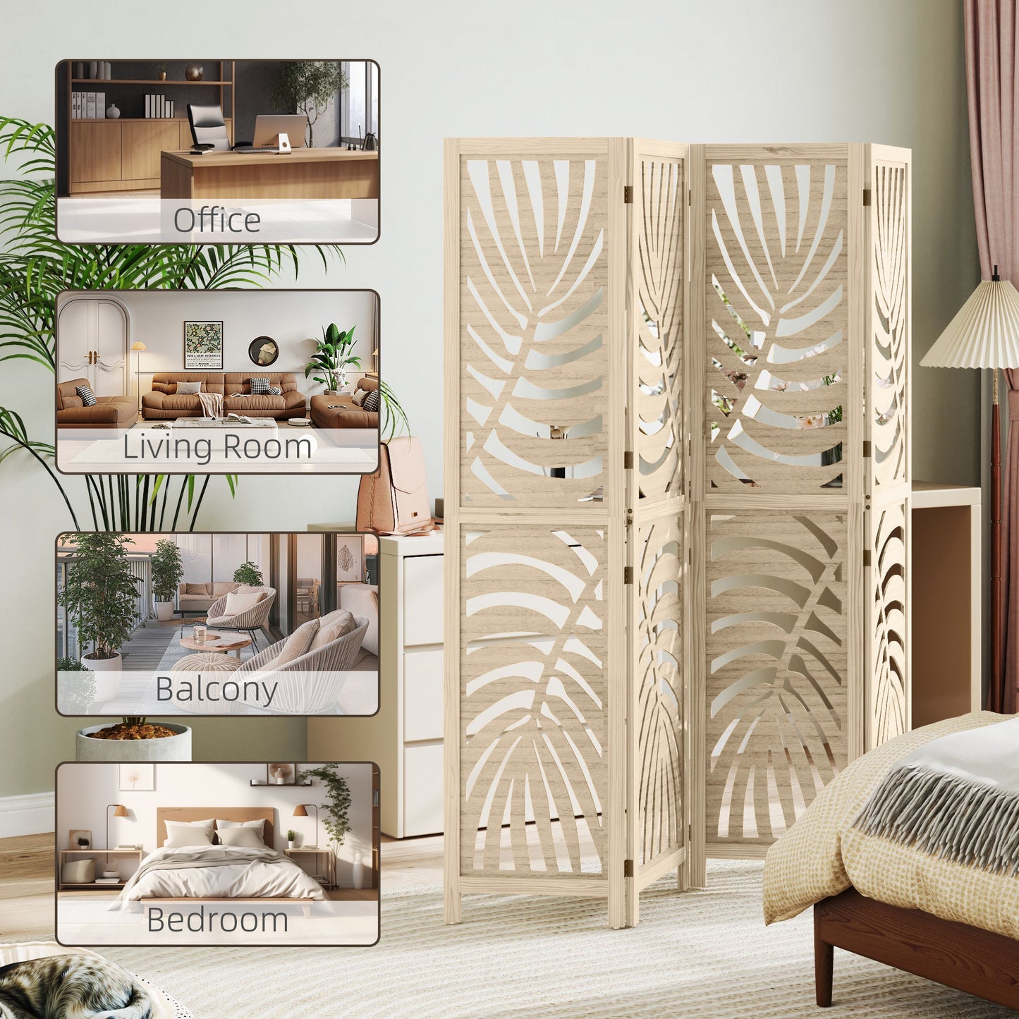 4 Panel Privacy Screens, Detachable Folding Room Divider with Palm Leaf Design for Home Office, Natural Wood Finish