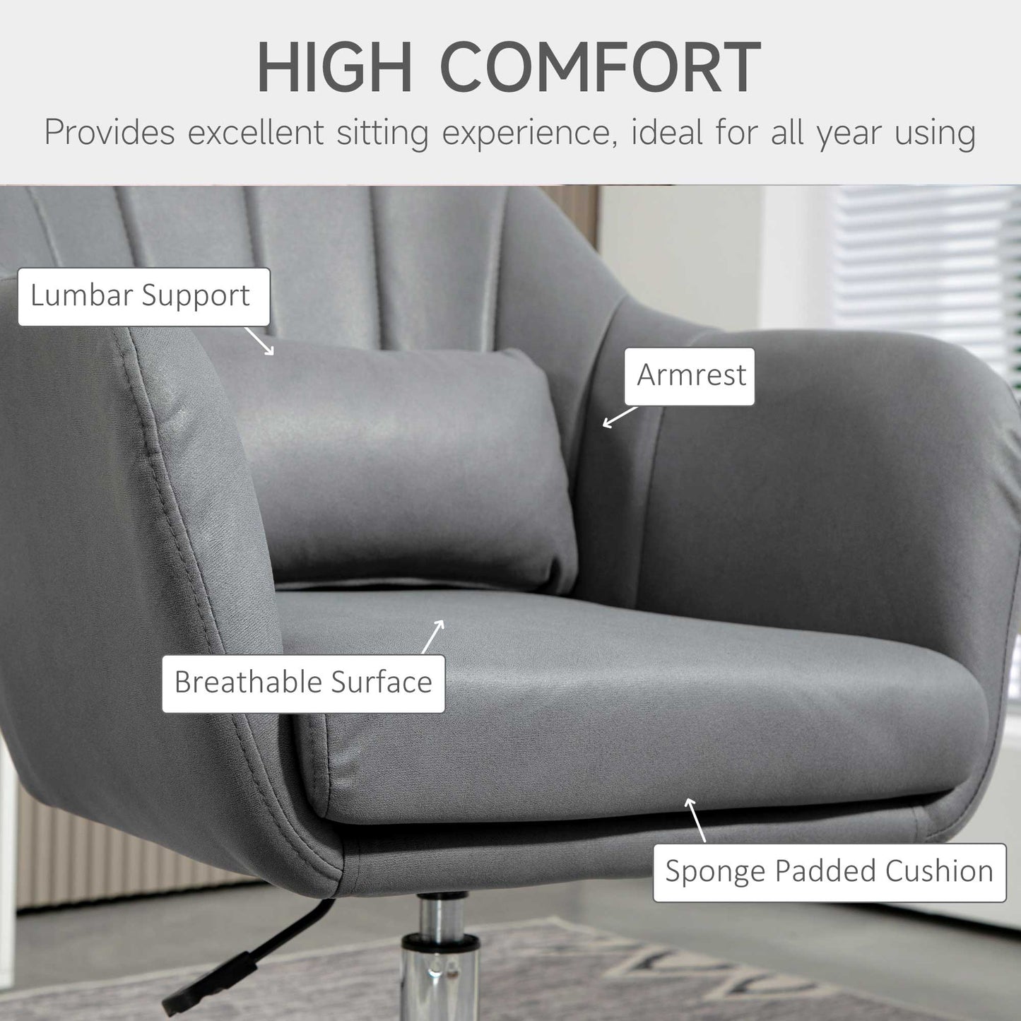 Swivel Accent Chair, Microfiber Cloth Tub Vanity Chair, Modern Armchair with Adjustable Height and Lumbar Support for Living