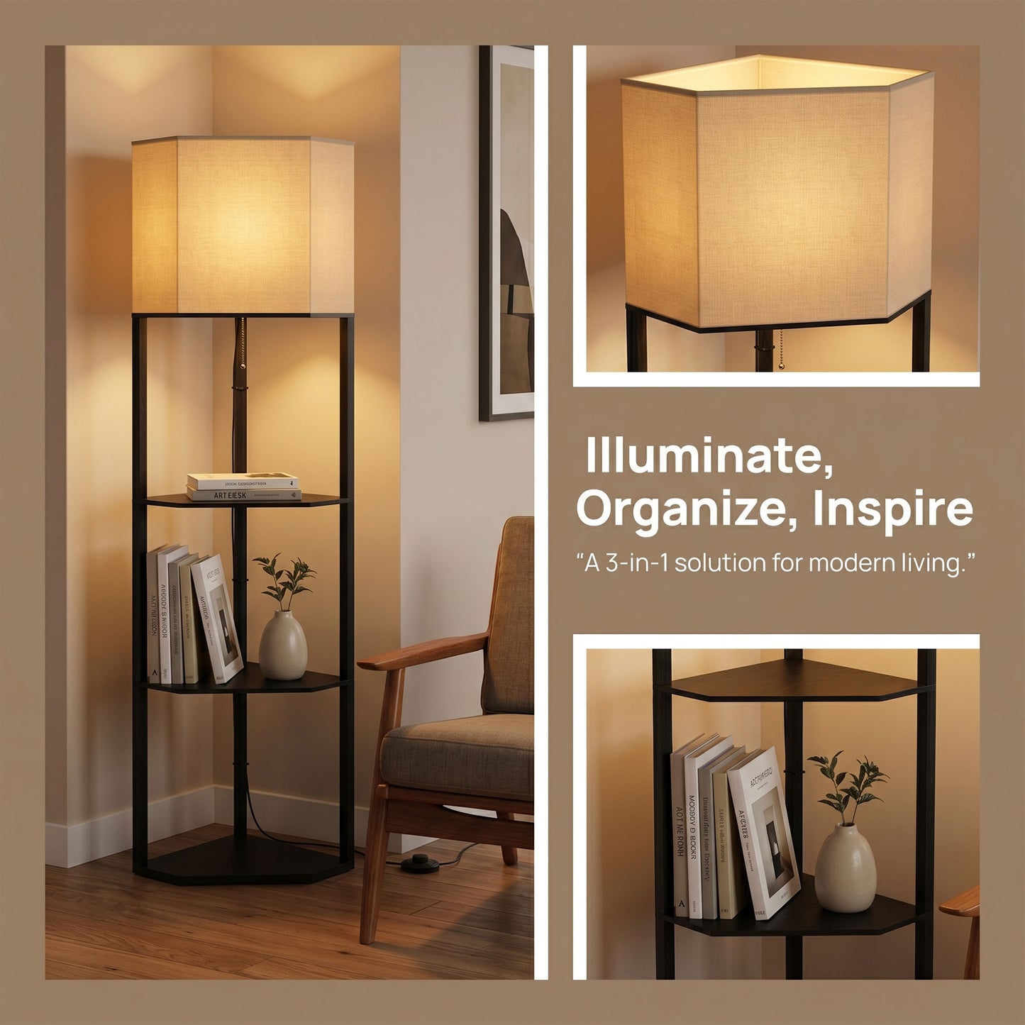 Corner Floor Lamp with Shelves and Lights, Modern Dimmable Standing Lamp with 3000K/4000K/6000K Colour Temperature