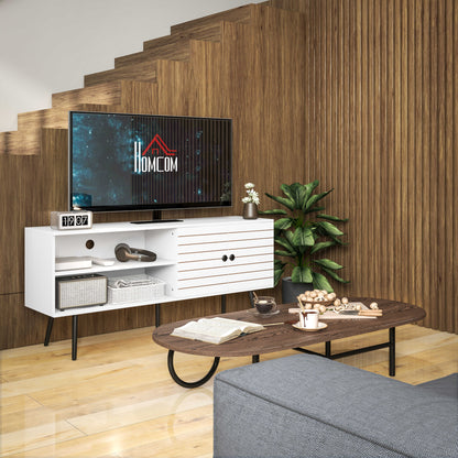 TV Stand with Cupboard, Open Shelves, Striped Doors, Wooden legs, White