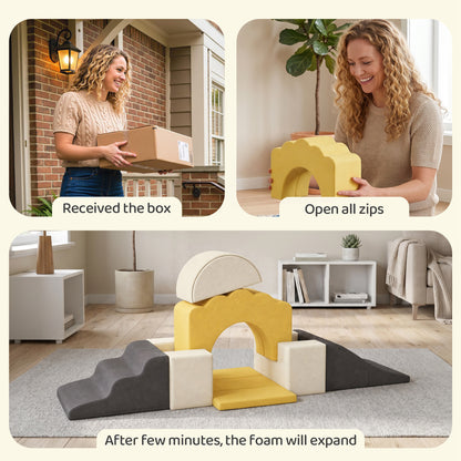 7 Piece Kids Soft Play Set with Detachable Cover, Baby Indoor Climb and Crawl Foam Toy for Toddlers, Yellow