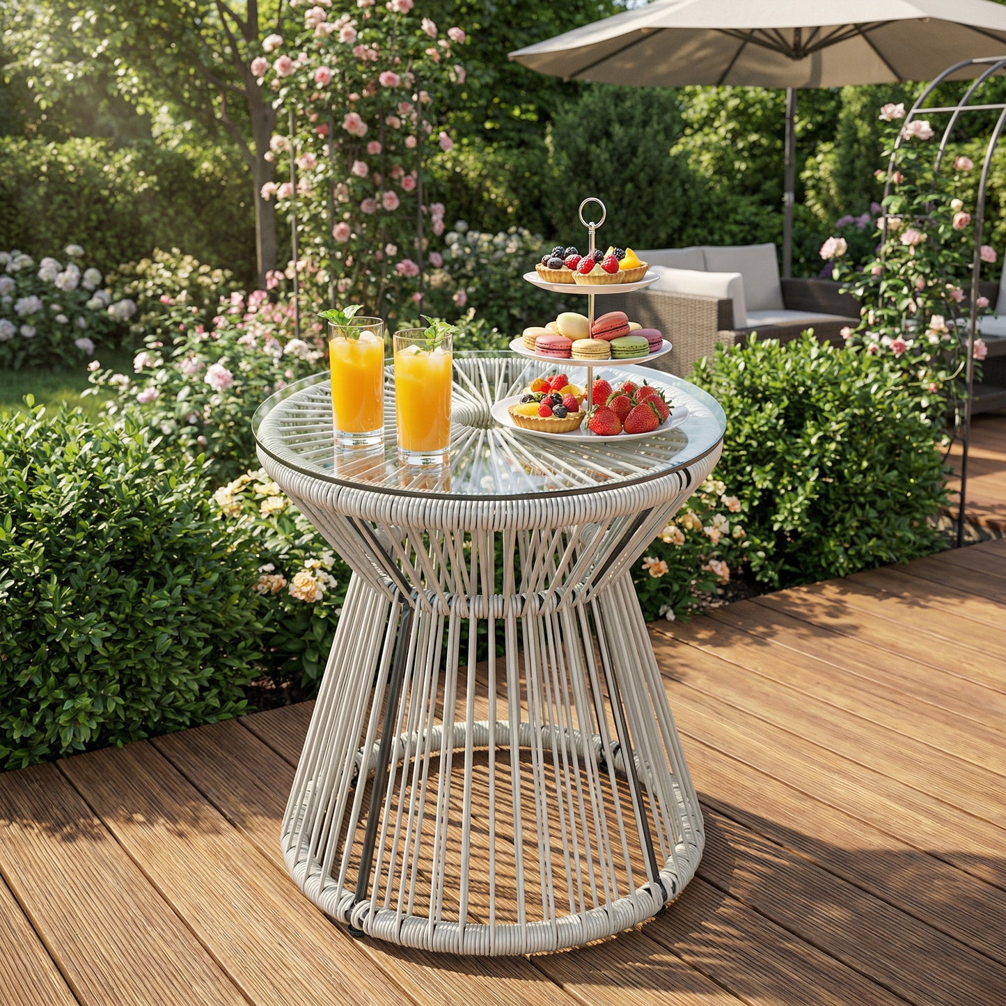 Rattan Outdoor Coffee Table, PE Rattan Wicker Bistro Side Table with Tempered Glass Top, Light Grey