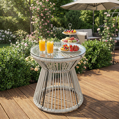 Rattan Outdoor Coffee Table, PE Rattan Wicker Bistro Side Table with Tempered Glass Top, Light Grey