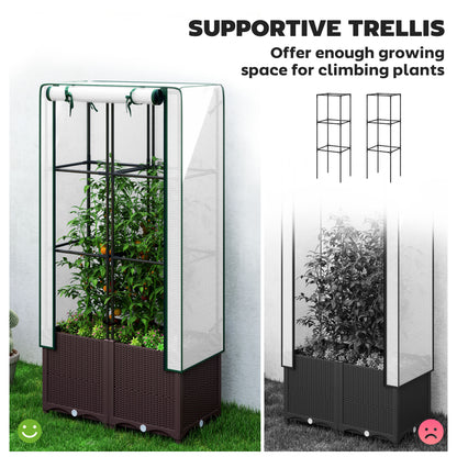 Raised Garden Bed with Trellis, Plastic Planter Box with PE Cover, Drainage Holes