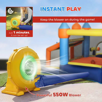 Bouncy Castle for Kids, Inflatable Bounce House with Long Slide, Splash Pool and 550W Blower for Indoor Outdoor