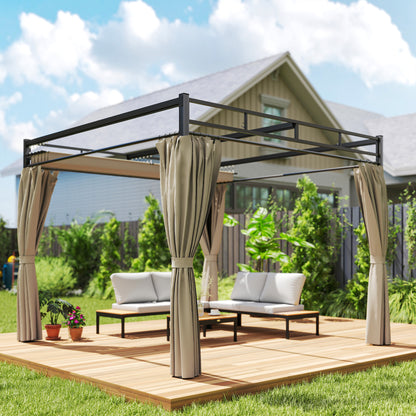 3 x 3 m Pergola with Retractable Roof Canopy and Curtains, UPF30+ Metal Frame Garden Pergola Gazebo Sun Shade, Khaki