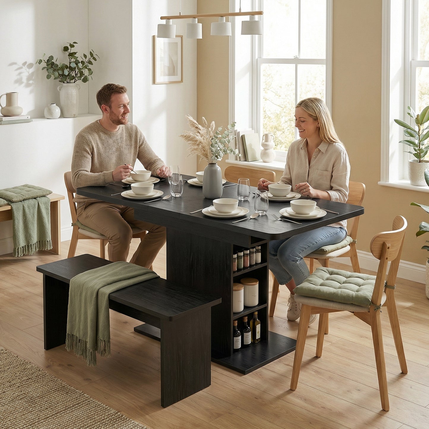 Extendable Dining Table for 4-6 People, 110-130cm Kitchen Table with 6 Open Shelves, Black
