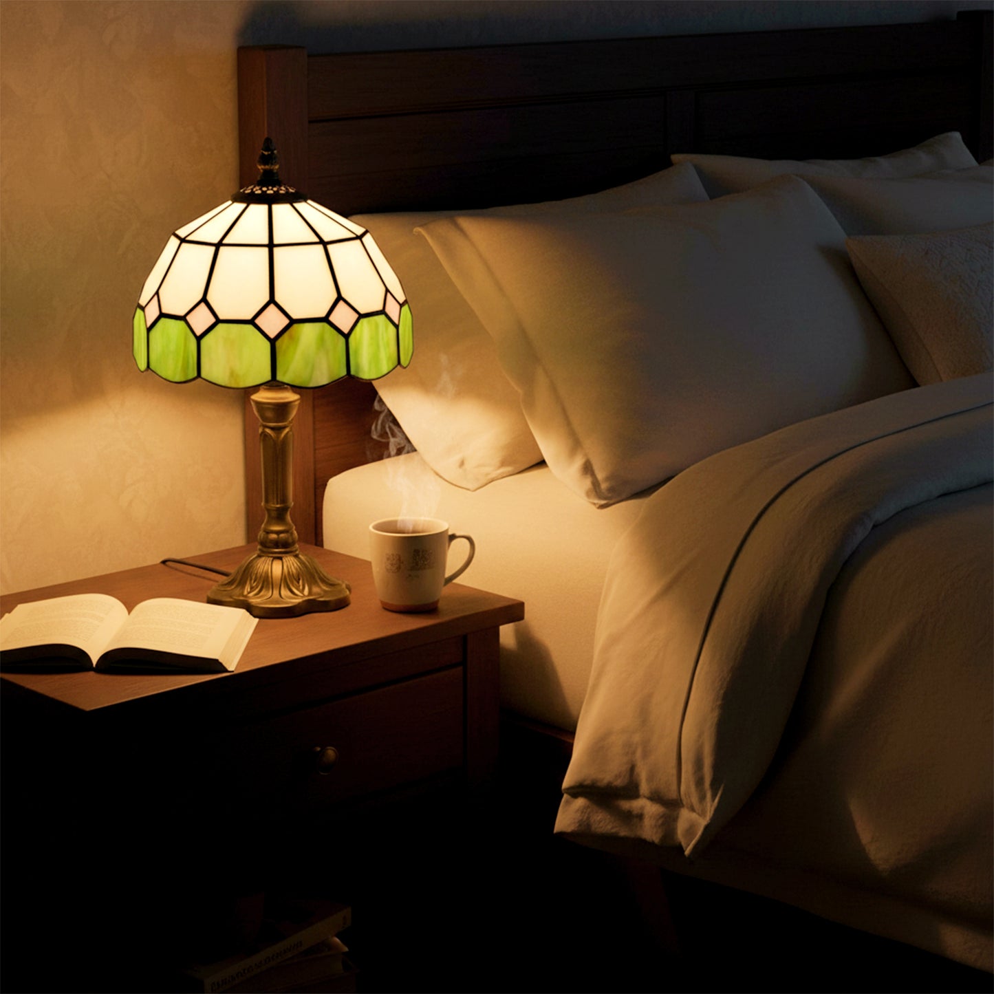 Handmade Art Deco Glass Table Lamp - White/Green