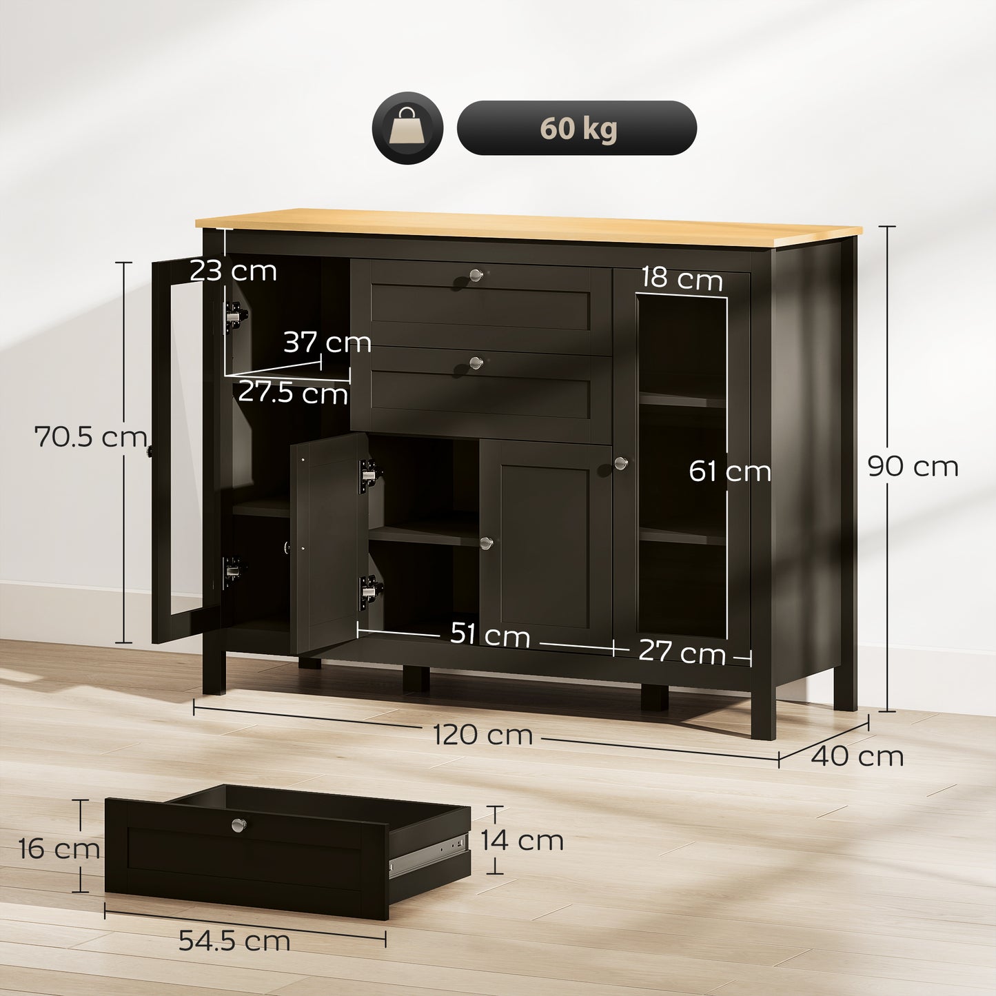 Modern Storage Cabinet, Sideboard with Oak Top, 4 Doors, 2 Drawers and 5 Adjustable Shelves, Black Brown