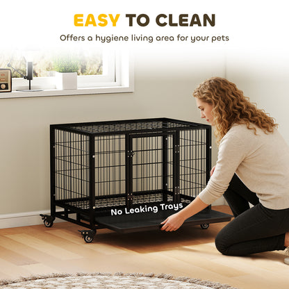 36" Heavy Duty Metal Dog Crate Pet Cage with Tray Wheeled Dog Kennel - Black (Medium)