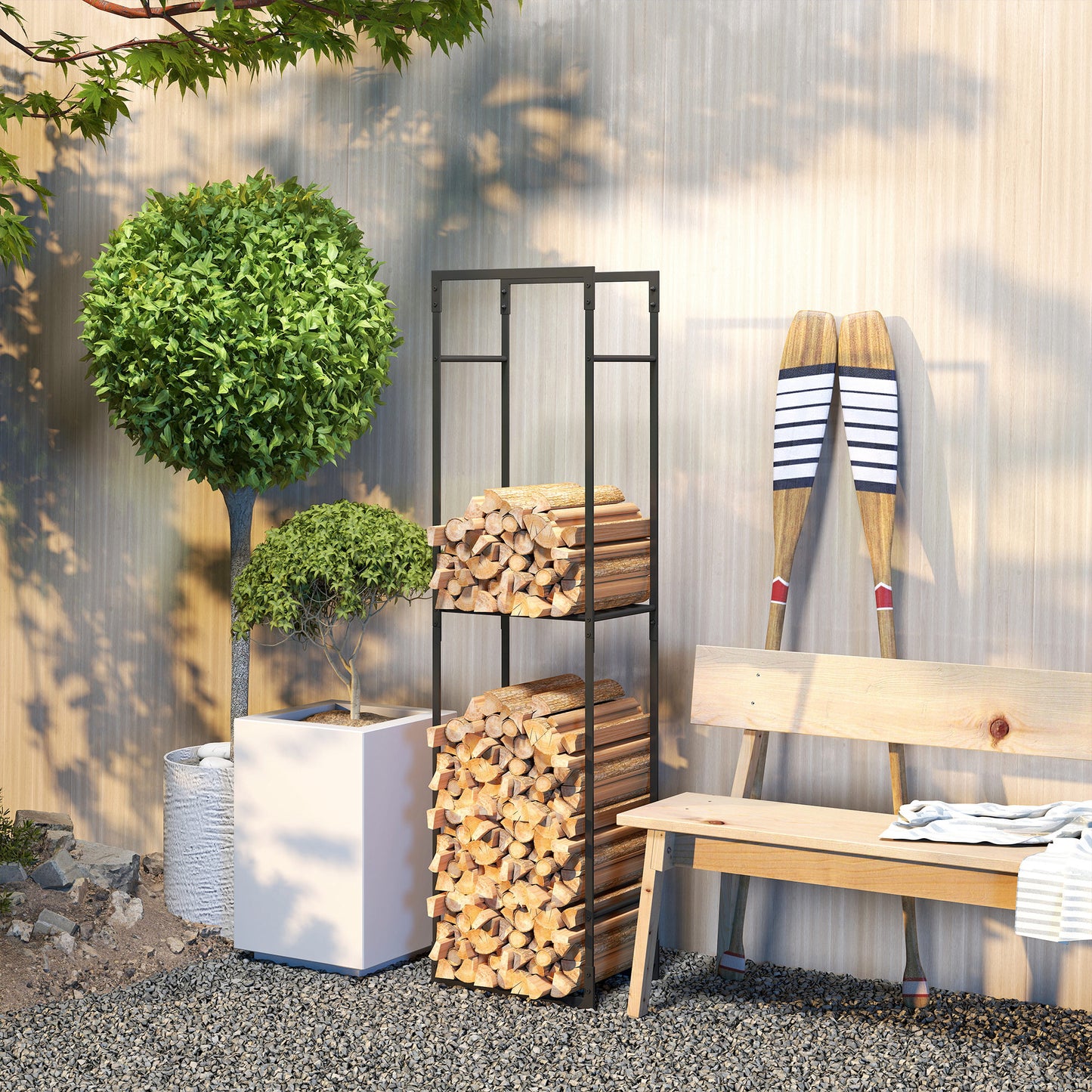 Metal Firewood Log Holder, Heavy Duty Firewood Rack with Adjustable Shelf, Indoor Outdoor Fireplace Wood Storage Shelf