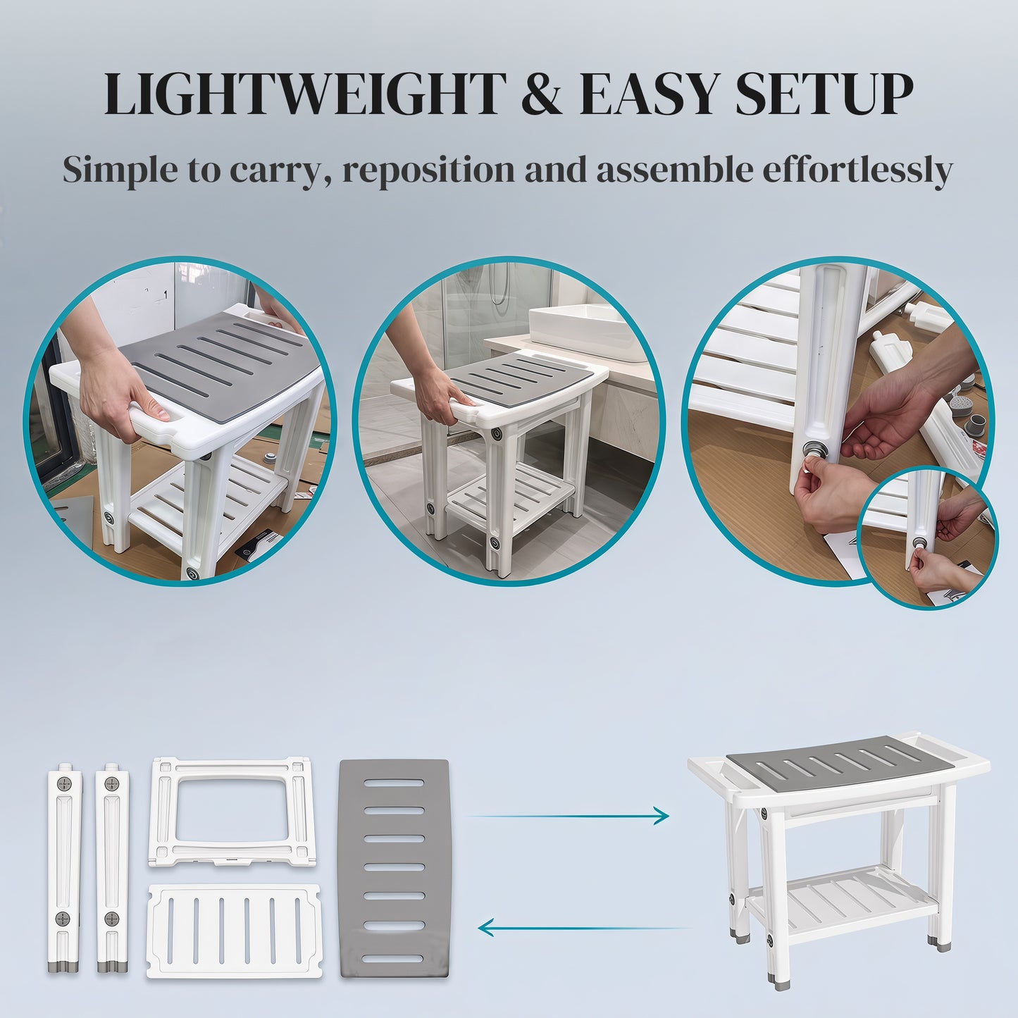 Shower Bench 2-Tier Shower Stool Bathroom with Shelf White and Grey