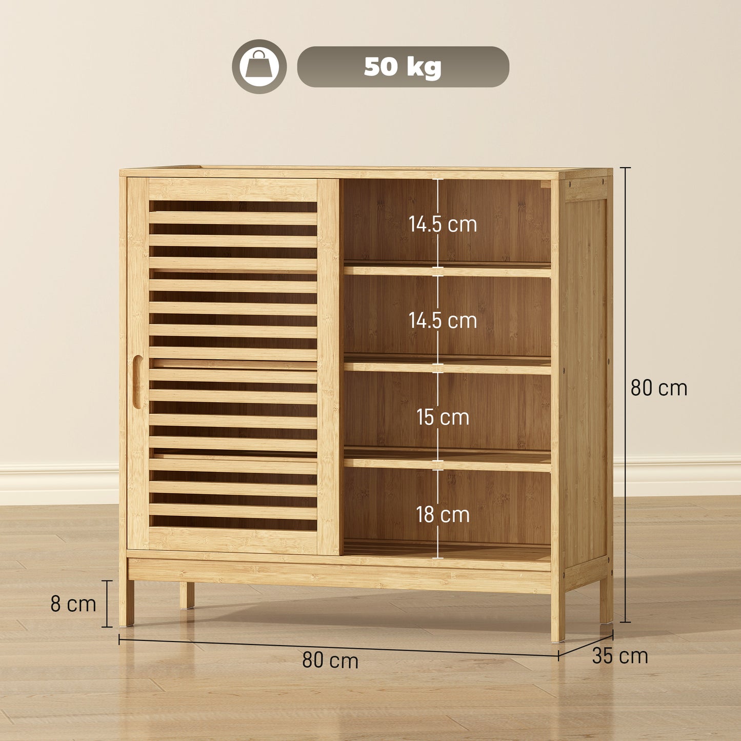 Bamboo Shoe Cabinet with 2 Sliding Slat Doors, 16Pairs, Adjustable Shelves, Natural