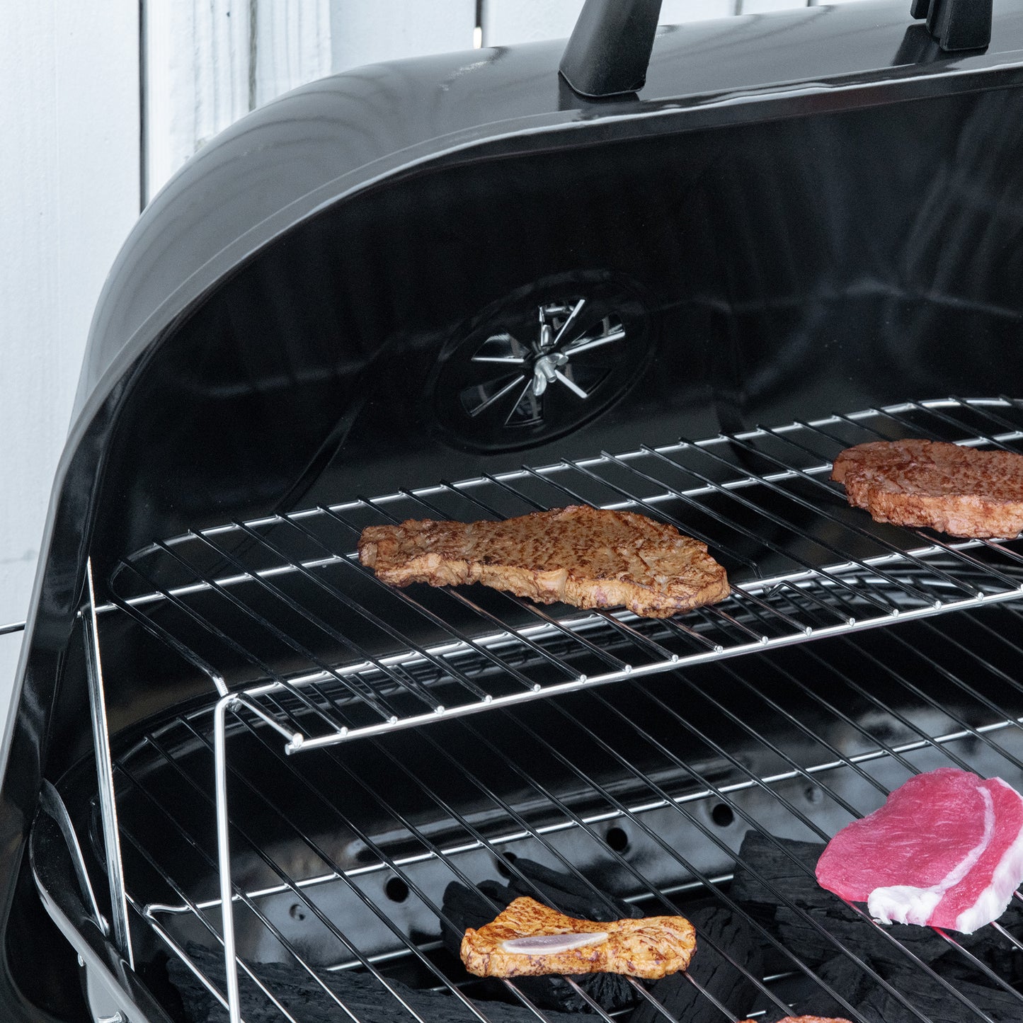 Portable BBQ Charcoal Grill with 2 Wheels and Cooking Utensils, Smoker Grill with Lid for Outdoor Barbecues, Camping, Picnic