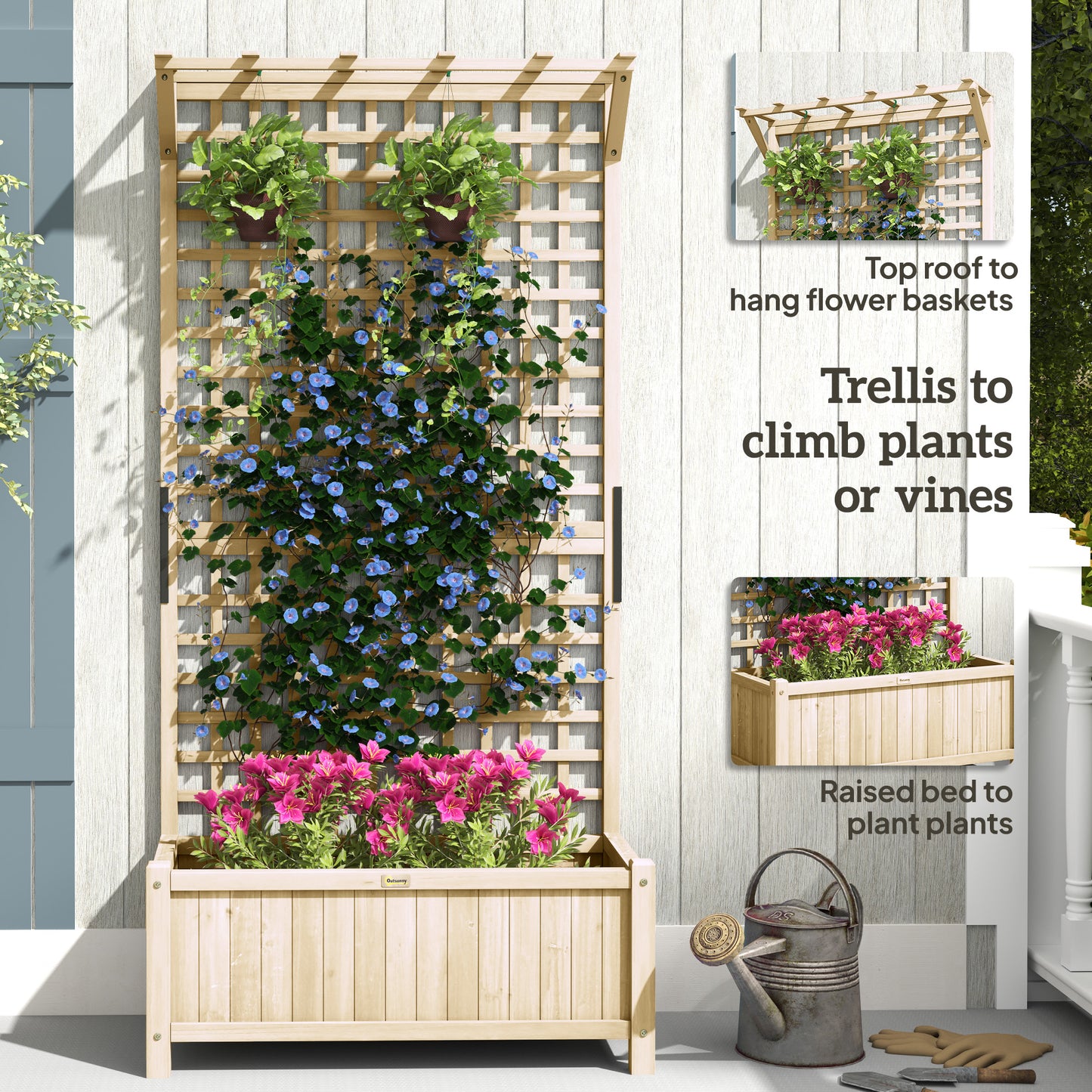 Raised Bed & Privacy Screen with Drainage Holes, Wood Planter with Trellis for Climbing Plants to Grow Vegetables, Flowers