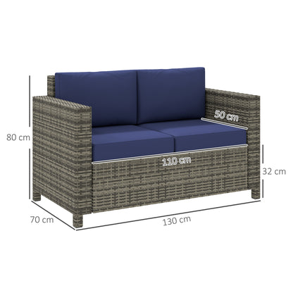 Rattan Sofa, 2 Seater Garden Furniture with Soft Padded Cushion and Armrests, Wicker Garden Loveseat for Patio, Navy Blue