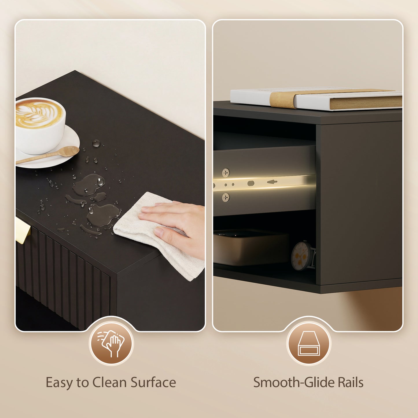 Set of 2 Wall Mounted Nightstands, Floating Bedside Tables with Fluted Drawer and Open Shelf for Small Bedroom, Black