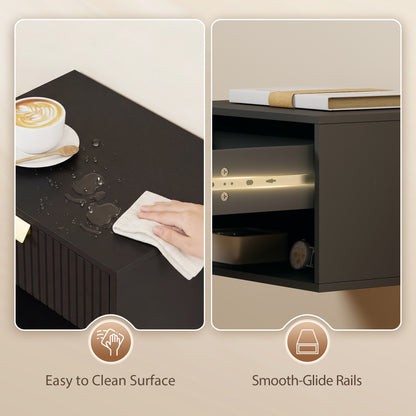 Set of 2 Wall Mounted Nightstands, Floating Bedside Tables with Fluted Drawer and Open Shelf for Small Bedroom, Black