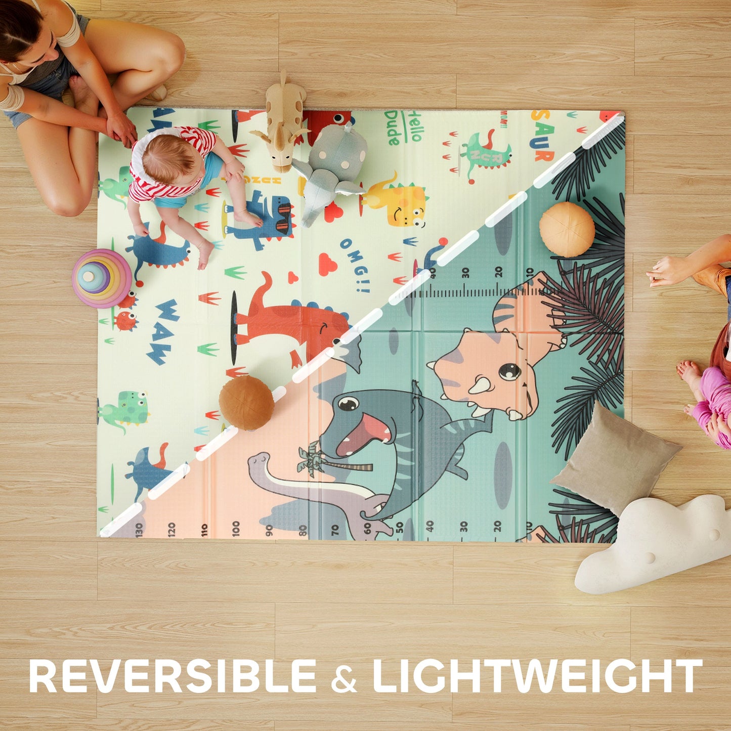 Dinosaur-Themed Baby Plat Mat Double Sided, Foldable, Water-Resistant for Outdoor/Indoor, 177 x 146 x 1.5cm