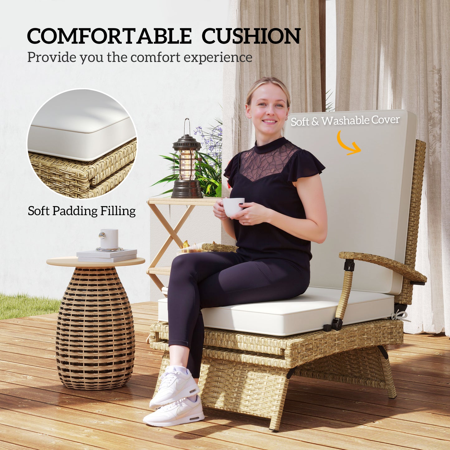 80° Reclining Rattan Lounger - White/Beige